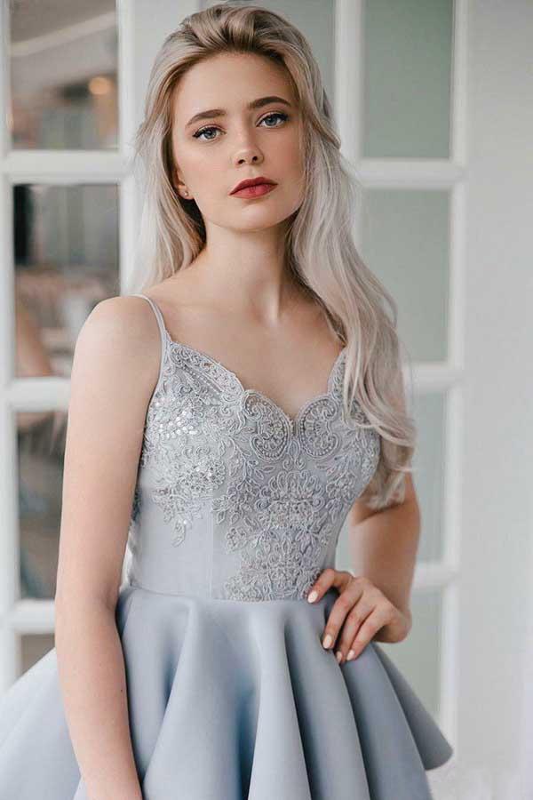 A Line V Neck Backless Satin Beaded Grey Spaghetti Straps Lace Homecoming Dresses