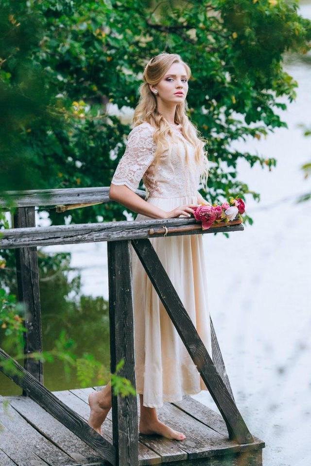 A Line Half Sleeve Lace Chiffon Ankle Length Prom Dress with Jewel Neckline