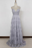 Sheath Spaghetti Straps Sweep Train Backless Lavender Tulle with Appliques Prom Dresses