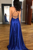 A-Line Halter Backless Blue Sleeveless Criss Cross Beteau Sleeveless Satin Prom Dresses with Split