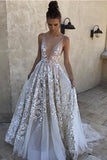 2022 A-Line White Long Tulle Deep V Neck Lace Sleeveless Appliques Prom Dresses