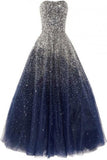 Ball Gown Beads Corset Back Tulle Long Navy Blue Sweetheart Floor-length Prom Dresses