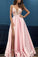 A Line Pink V Neck Sleeveless Spaghetti Straps High Slit Prom Dresses With Appliques PW366