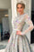 A Line Long Sleeve High Neck Beads Grey Beads Flowers Party Dresses Prom Dresses