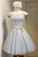 A-Line Off the Shoulder Short Sleeveless Scoop Grey Tulle Lace up Homecoming Dresses