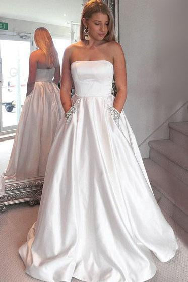 A-Line Satin Strapless Princess Floor-length Beading with Pockets Sleeveless Prom Dresses