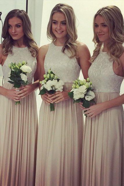 2019 A-Line O Neck Lace Top Long Chiffon Sleeveless Floor-Length Bridesmaid Dresses