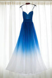 Royal Blue White Ombre Long Bridesmaid Dress A-line Sweetheart Chiffon Prom Dresses