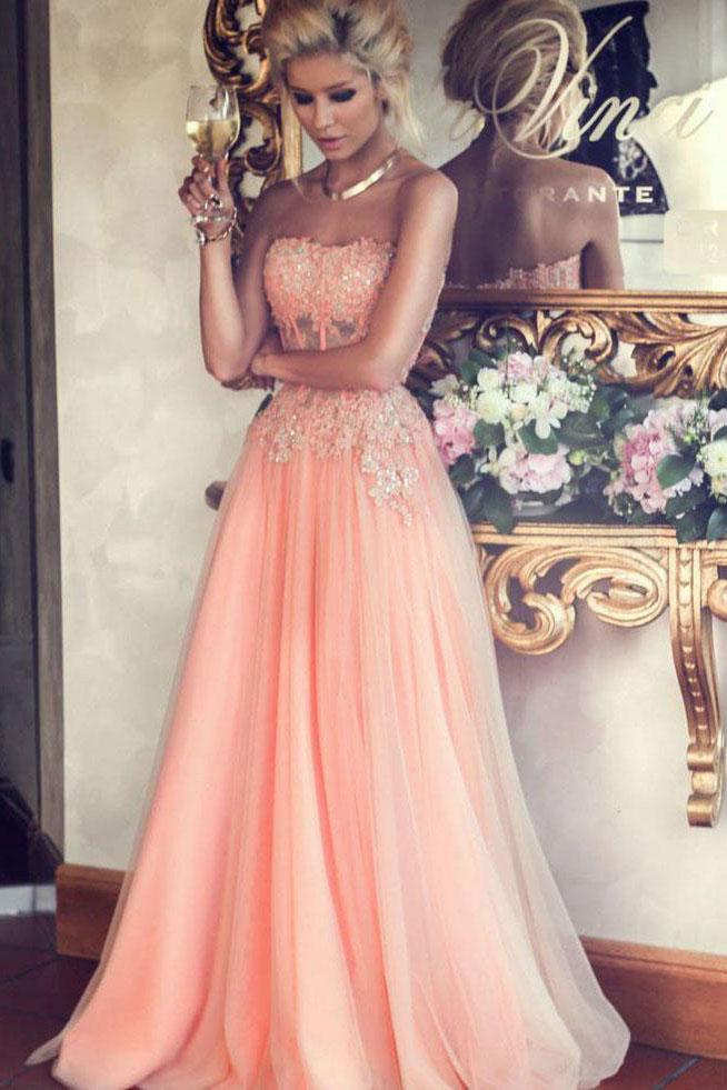 A-Line Strapless Lace Appliqued Floor-length Blush Pink Beaded Tulle Prom Dresses