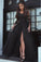 A Line Long Sleeve Slit Black Tulle Lace Appliques Backless Sweetheart Prom Dresses