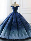Ball Gown Navy Blue Lace Applique Ombre Off the Shoulder Princess Quinceanera Dresse