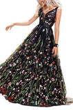 A Line Black Backless Lace Floral Long Sleeves V Neck Formal Dresses, Prom Dresses PW326