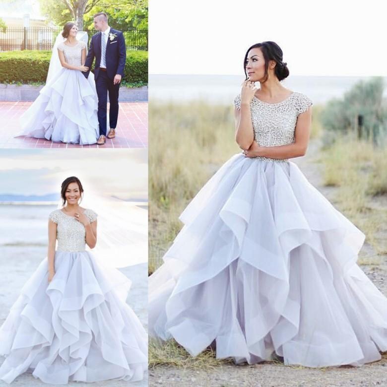 2022 Sparkly Beads Ruffles Organza Scoop Cap Sleeve Lavender Prom Wedding Dresses