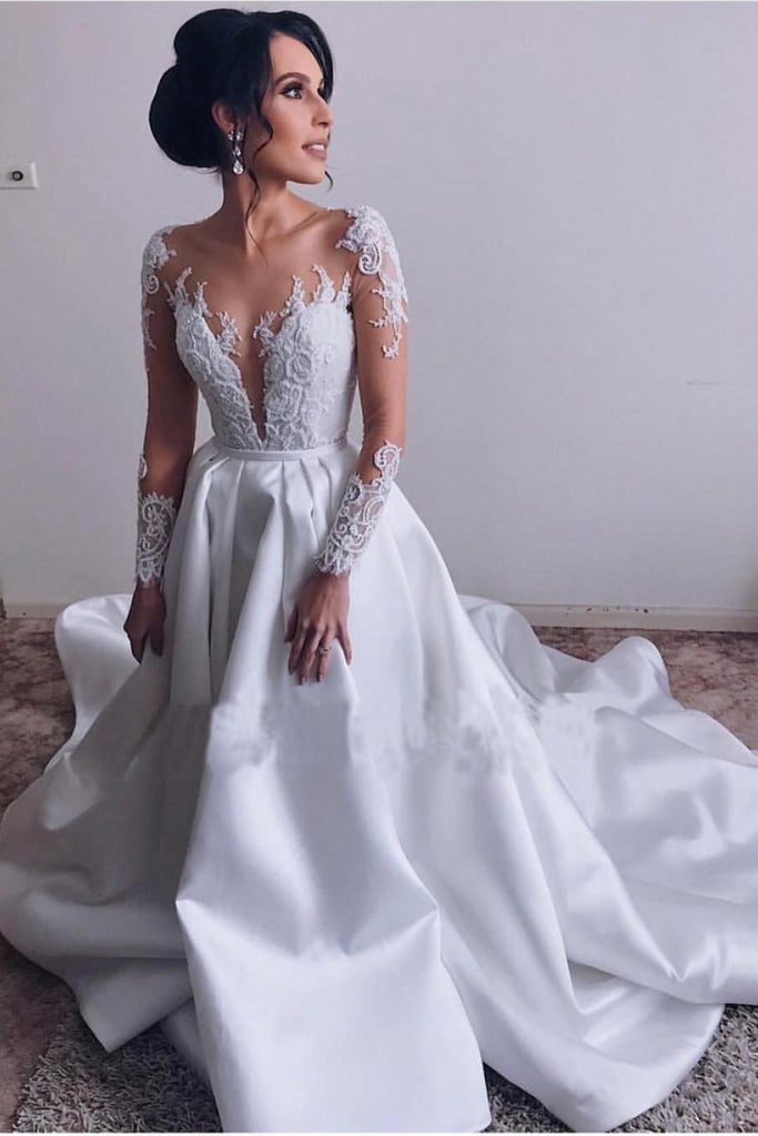 A Lin Ivory Long Sleeve Satin Lace Sweep Train Wedding Dresses Long Bridal Dresses