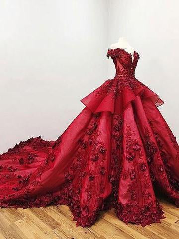 2019 Chic Ball Gown V Neck Beads Appliques Red Off-the-Shoulder Long Prom Dresses