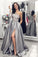 A Line One Long Sleeve Satin Gray Lace Formal Dresses, Side Slit Prom Dresses uk PW306