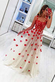 Stylish A Line Tulle Sweetheart Spaghetti Straps Red Flowers Sleeveless Prom Dress