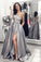 A Line One Long Sleeve Satin Gray Lace Formal Dresses Side Slit Prom Dresses