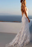 Sexy Backless Off White Mermaid Lace V Neck Wedding Dresses Long Prom Dresses