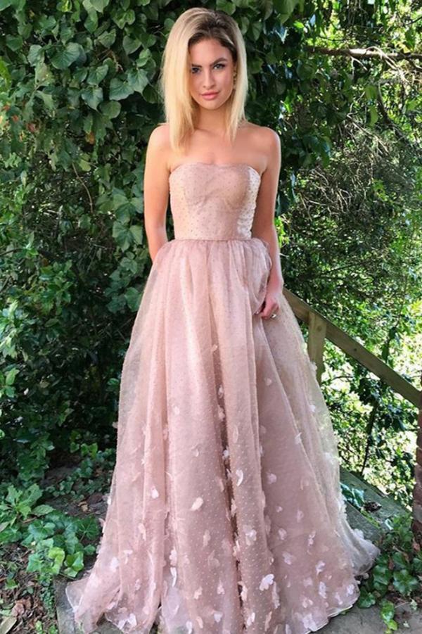Princess A-Line Strapless Pink Lace Sleeveless Tulle Appliques Pockets Prom Dresses