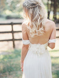 2019 Elegant Off-shoulder Beading Sash Backless White Long Chiffon Wedding Dresses