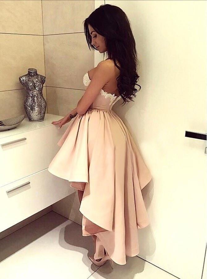 A-Line Sweetheart High Low Pink Stretch Satin Homecoming Dress with Appliques