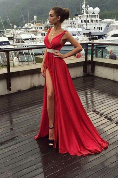 A-Line Red Simple With Slip Side Satin Chiffon Charming Deep V-Neck Sleeveless Prom Dresses