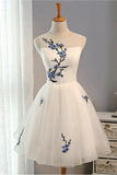 A Line White Embroidery Short Knee-length Tulle Sleeveless Open Back Homecoming Dress