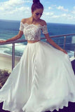 Two Pieces Off-the-Shoulder Ivory Short Sleeve A-Line Long Cheap Prom Dresses