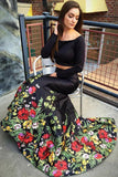 A Line Off the Shoulder Two Piece Long Sleeve Satin Floral Scoop Long Prom Dresses