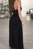 A-line Halter See-through Black Floor Length Appliqued Chiffon Sexy Long Prom