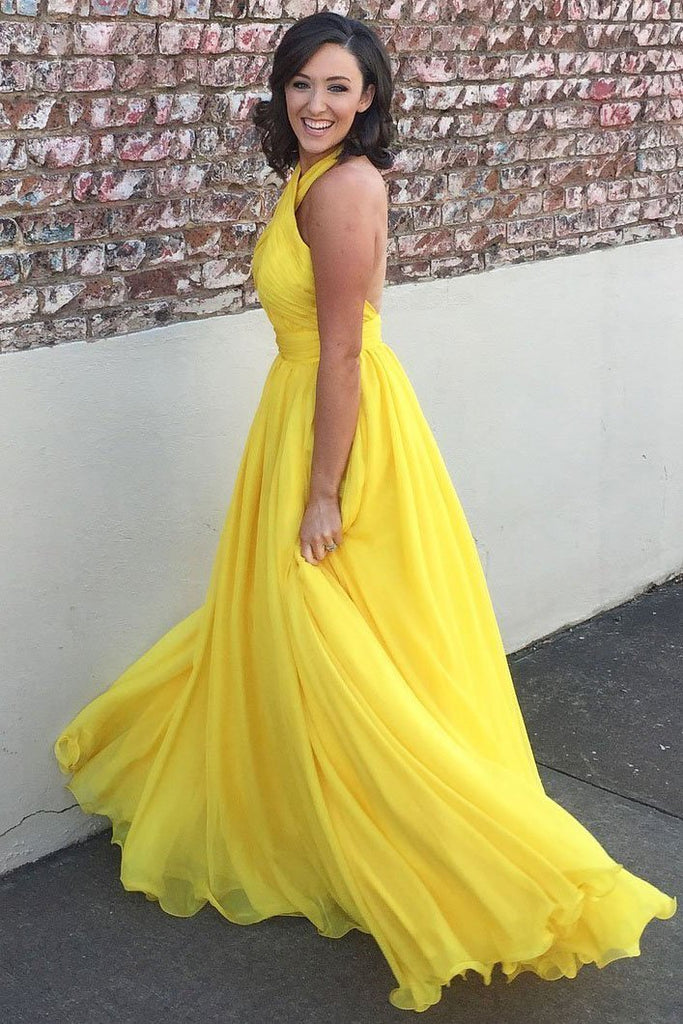Princess Chiffon A-line Halter Long Yellow Backless Sleeveless Prom Dresses