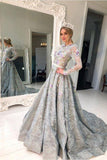 A Line Long Sleeve High Neck Beads Grey Beads Flowers Party Dresses Prom Dresses