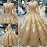 Ball Gown Gold Long Sleeves Lace Appliques Sequins Open Back Beads Quinceanera Dresses