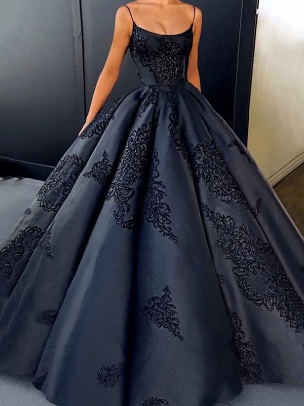 2022 Ball Gown Spaghetti Straps Navy Blue Vintage Cheap Long Prom Quinceanera Dresses