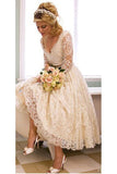 Vantage A Line V-Neck Long Sleeve Tea Length White Lace Princess Wedding Dresses