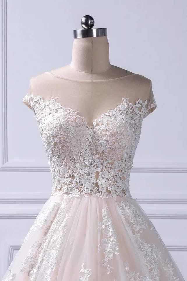 Unique A Line Lace Appliques Cap Sleeves Ivory V Neck Beads Wedding Dresses
