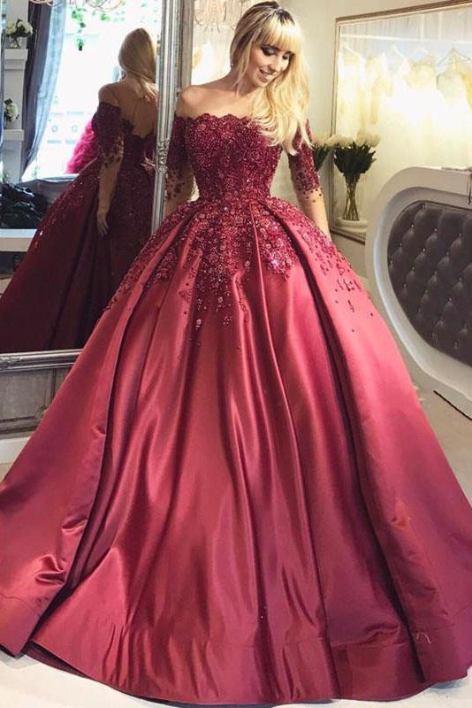 2022 Dark Red Lace Long Sleeve Prom Dress Off-the-Shoulder Ball Gown Quinceanera Dress