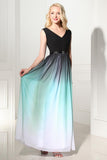 A-Line Ombre Long Chiffon Formal Dress V-Neck Black Sleeveless Lace up Prom Dresses