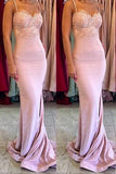 Stylish Mermaid Spaghetti Straps Satin Long Pink Bridesmaid Dresses with Lace Appliques