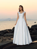 A-Line/Princess V-neck Beading Sleeveless Long Taffeta Beach Wedding Dresses TPP0006380