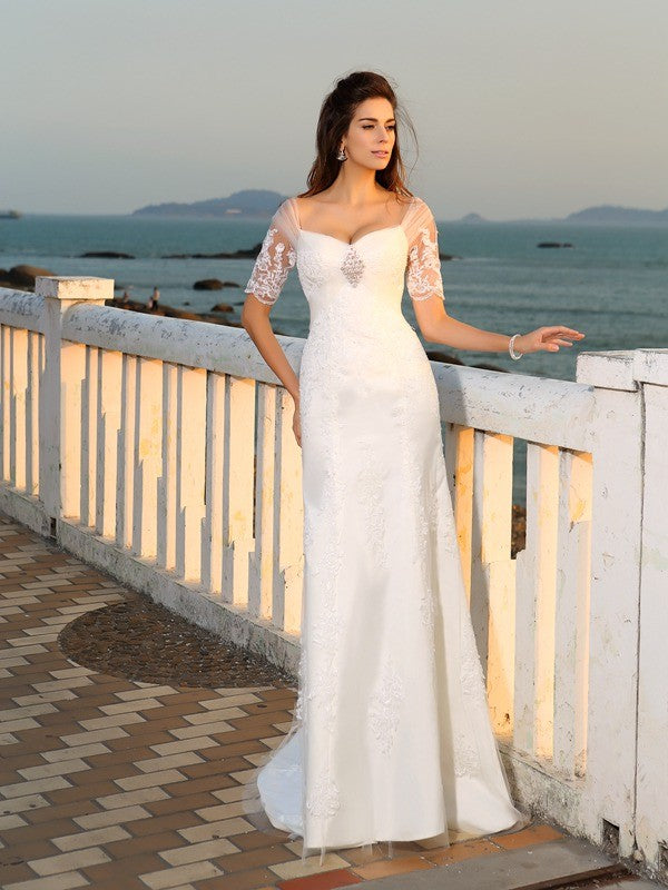 Sheath/Column Sweetheart Applique Short Sleeves Long Satin Beach Wedding Dresses TPP0006235
