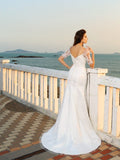 Sheath/Column Sweetheart Applique Short Sleeves Long Satin Beach Wedding Dresses TPP0006235