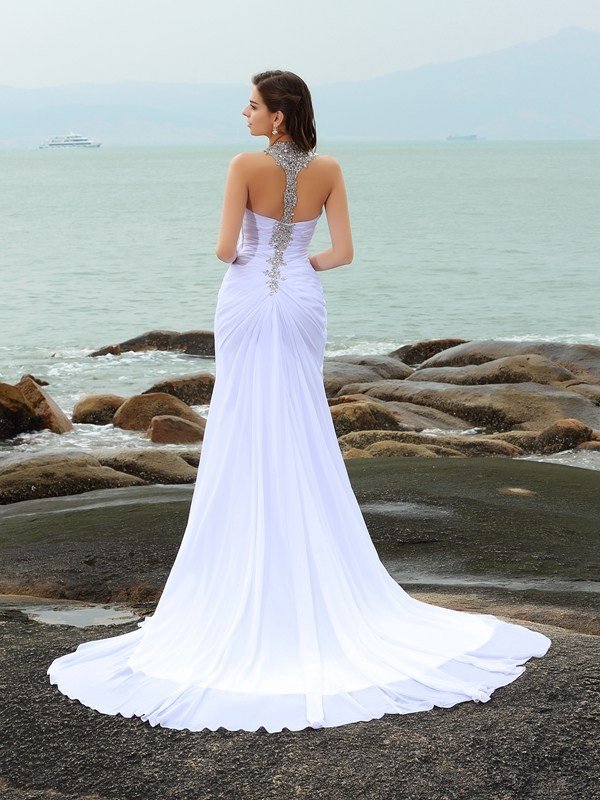 Sheath/Column Straps Beading Sleeveless Long Chiffon Beach Wedding Dresses TPP0006130
