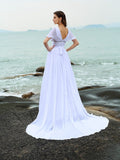 A-Line/Princess V-neck Ruffles Short Sleeves Long Chiffon Beach Wedding Dresses TPP0006230