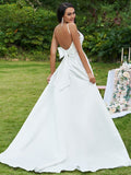 A-Line/Princess Satin Bowknot V-neck Sleeveless Sweep/Brush Train Wedding Dresses TPP0006456