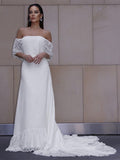 Sheath/Column Lace Ruffles Off-the-Shoulder Short Sleeves Sweep/Brush Train Wedding Dresses TPP0006510