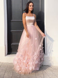 A-Line/Princess Tulle Hand-Made Flower Straps Floor-Length Sleeveless Dresses TPP0001467