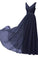 A Line V Neck Chiffon Navy Blue Long Sleeveless Ruffles Floor Length Prom Dresses