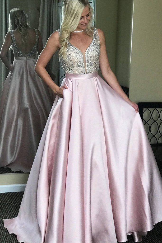 Beaded Satin Ball Gown Backless V Neck Sparkly Long Prom Dresses with Pockets